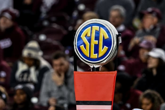 Nov 11, 2023; College Station, Texas, USA; A detailed view of the SEC logo on a chain marker during the game between the Texas A&M Aggies and the Mississippi State Bulldogs at Kyle Field. Mandatory Credit: Maria Lysaker-USA TODAY Sports